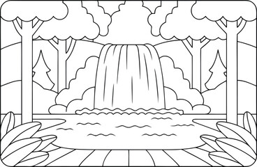 A Waterfall Cascades into a Tranquil Pond Surrounded by Lush Trees in a Serene Forest