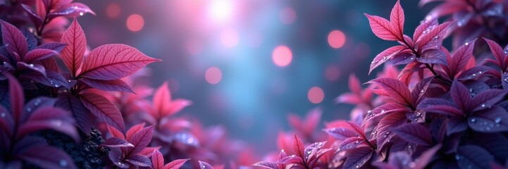 Vibrant, close-up view of lush foliage with deep purple-pink leaves, adorned with water droplets, bathed in a soft, ethereal light, creating a tranquil and enchanting atmosphere.