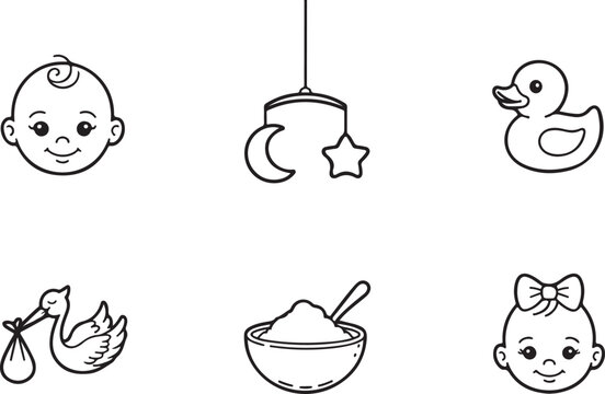 A clean minimalist line art illustration set featuring classic newborn baby icons like a stork, rubber duck, crib mobile, and infant faces - Powered by Adobe