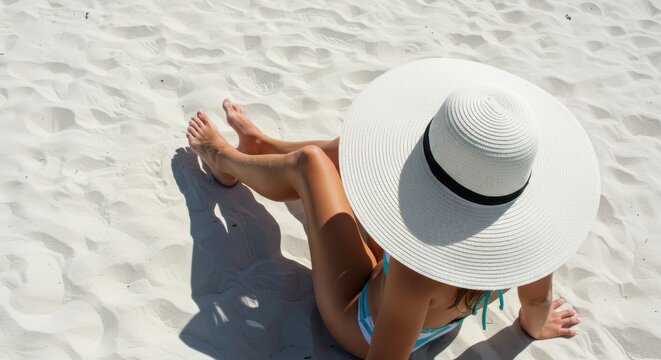 A person relaxes on a white sand beach, wearing a large white straw hat and a blue and white bikini top.