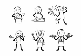 A series of six cartoon illustrations depicting a chef's journey from cooking to serving, including mishaps and enjoyment.
