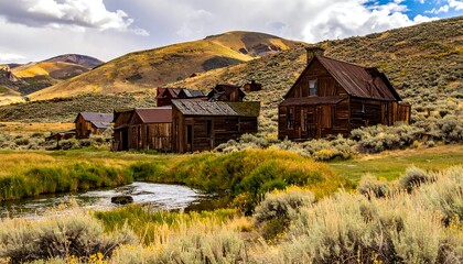 Old, weathered wooden buildings nestled in a valley with hills in the background, showcasing a rugged, historical scene