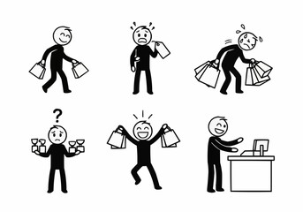 A collection of six stick figures illustrating different emotions and actions associated with shopping, from happy to overwhelmed.