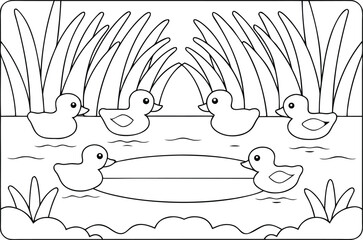 Five cute ducklings swim peacefully in a pond surrounded by tall grass