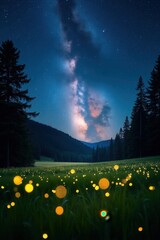 A tranquil meadow bathed in the glow of fireflies, under a breathtaking night sky displaying the vibrant Milky Way.