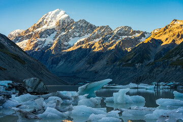 Aoraki Mount Cook Alpine Glow and Glacial Icebergs, Hooker Valley, Southern Alps New Zealand.