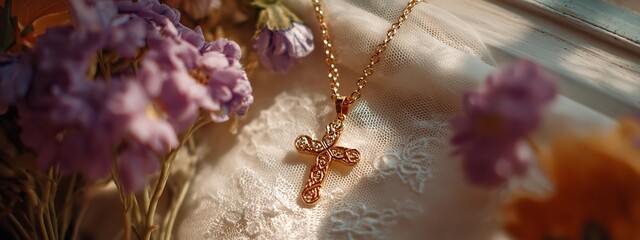 Delicate gold cross necklace adorned with sparkling diamonds rests on elegant lace surrounded by soft purple and orange flowers, evoking a sense of serene beauty and spiritual grace