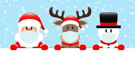 Santa, Rentier Und Schneemann Maske Banner Schnee Hellblau