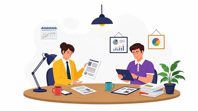 Flat vector of business team analyzing financial data and report isolated on white background office workers discussing business