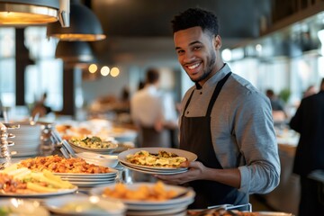 Young smiling waiter collecting empty plates filled with leftovers in a bustling restaurant buffet area, ensuring customer satisfaction