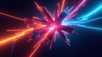 A vibrant, abstract design showcases a dynamic explosion of neon-colored lines radiating outward from a central point, composed of geometric shapes that create a sense of movement and energy.
