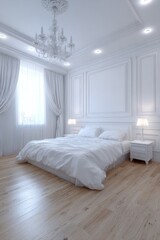 A bright, opulent bedroom, showcasing a serene and elegant design, complete with a white chandelier, panelled walls, and a plush bed.