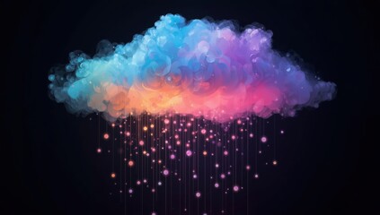 A vibrant cloud formation, laden with colorful, luminous rain, against a dark background, showcasing a dynamic and ethereal atmosphere.