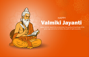 Happy Valmiki Jayanti Greeting with Sage Valmiki Illustration on Orange Background
