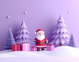 Festive Christmas scene with Santa figure surrounded by wrapped presents and stylized snow-covered trees on a pastel purple background