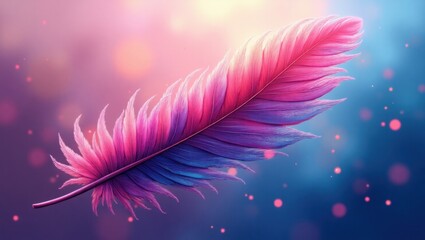 A vibrant, colorful feather floats against a soft, dreamy backdrop of pink and blue tones, showcasing a captivating blend of hues.
