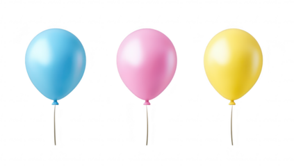 Three colorful balloons in blue. pink. and yellow. gently floating against a clean white background. creating a festive atmosphere suitable for celebrations or events