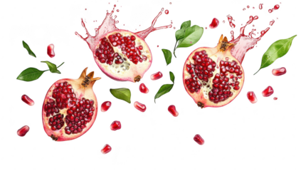 Freshly cut pomegranates with red seeds splashing juice against a white backdrop. accompanied by green leaves and scattered seeds. perfect for food photography or culinary use