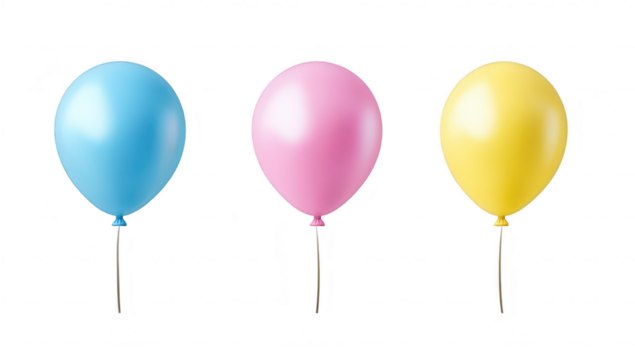 Three colorful balloons in blue. pink. and yellow. gently floating against a clean white background. creating a festive atmosphere suitable for celebrations or events