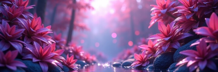 A serene, vibrant scene depicts a glowing stream flowing through a lush forest, filled with vibrant pink flora, creating a magical atmosphere.