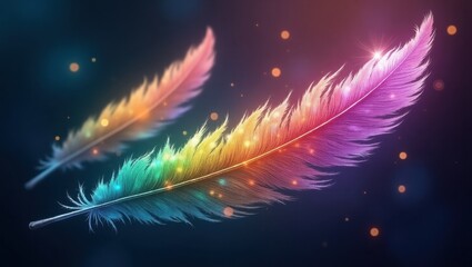 Two vibrant, iridescent feathers with glowing rainbow hues dance in a dark, ethereal space, showcasing an enchanting display of color and light.
