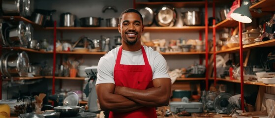 The potter in a red apron posing confidently in a busy ceramics workshop