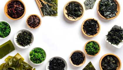 Assorted dried seaweeds in small bowls