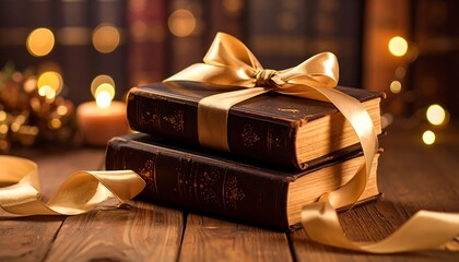 Antique Books Gift: Golden Ribbon on Aged Volumes, Wooden Table, Warm Lights