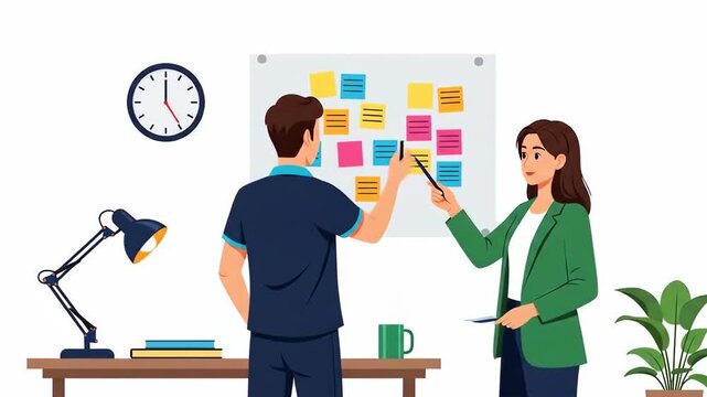 Flat vector of two colleagues brainstorming ideas and sticking notes on a whiteboard isolated on white background business