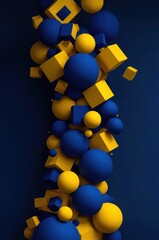 A dynamic composition of spheres and cubes in vibrant yellow and deep blue, against a dramatic navy backdrop.