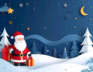 Festive Christmas winter scene featu Santa Claus with gifts in a snowy landscape under night sky decorated with stars and crescent moon