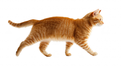 A playful orange tabby cat gracefully walking across a bright white background. its fur and curious expression. ideal for pet-related content or animal photography