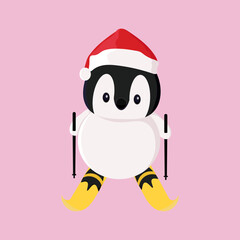 Christmas penguin playing skiing
