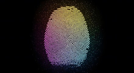 A vibrant, colorful fingerprint illuminated against a dark background, showcasing intricate ridge patterns and a sense of digital identity.