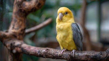 Obraz premium A vibrant yellow and grey parrot is perched serenely on a textured wooden branch in a natural blurred environment