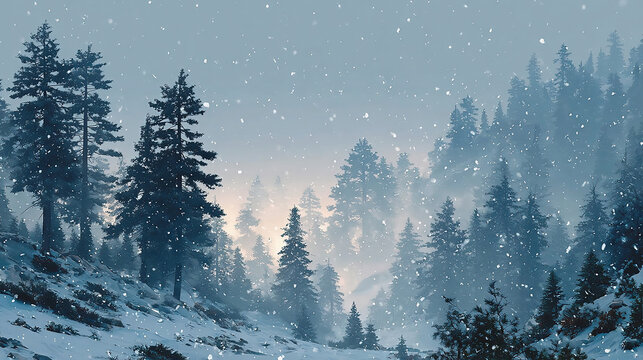 雪が舞う幻想的な森の風景