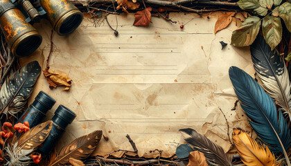 Rustic nature-themed frame with binoculars, feathers, and autumn leaves surrounding an aged blank paper background, perfect for vintage-style text.