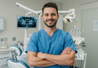 Confident male dentist in blue scrubs with arms crossed in modern dental clinic examining x ray