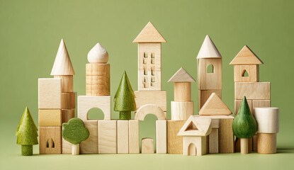 Wooden Building Blocks Shaped as Houses and Towers on Green Background – Educational Toy Concept.