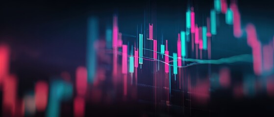 The Candlestick Chart in Neon Lights Showing Financial Market Data and Digital Trading Trends
