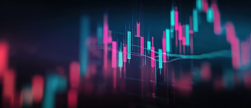 The Candlestick Chart in Neon Lights Showing Financial Market Data and Digital Trading Trends