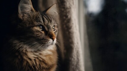 A domestic tabby cat gazes thoughtfully out of a window bathed in soft light