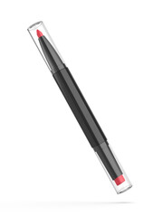 Blank 3d illustration rendering of a dual-ended cosmetic product featuring lipstick and lip liner in one sleek tube. 