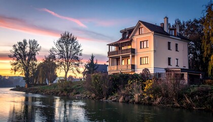 Fototapeta premium Riverfront home at sunset