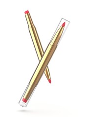 Blank 3d illustration rendering of a dual-ended cosmetic product featuring lipstick and lip liner in one sleek tube. 