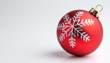 Red ornament with white snowflake on white gradient.