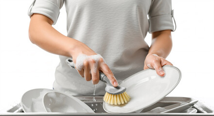 A pair of hands diligently scrubs a white plate with a soapy dish brush, captured in a clean, high-key shot that isolates the domestic chore against a white backdrop.