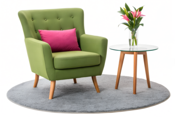 Green armchair with pink cushion and flowers isolated on white background