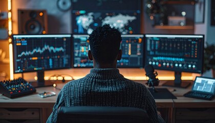 Person monitoring multiple data screens in a modern home office with warm ambient lighting.