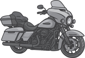 Crisp vector illustration of a motorbike, dark outlines and minimal flat tones on white
